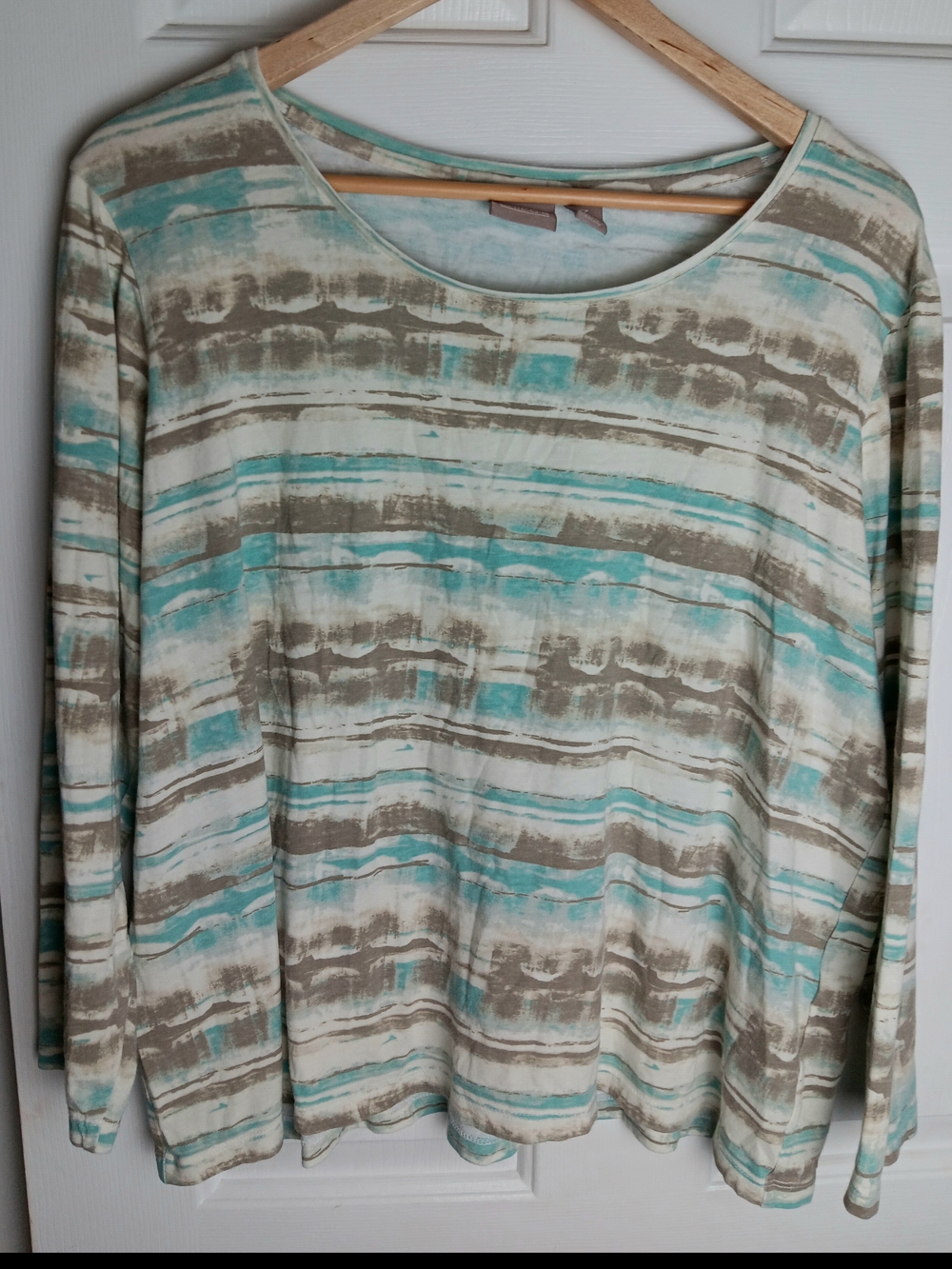 Chicos Size 3 US XL 3/4 Sleeve Top Coastal Watercolor Stripes Blue Tan Tèe